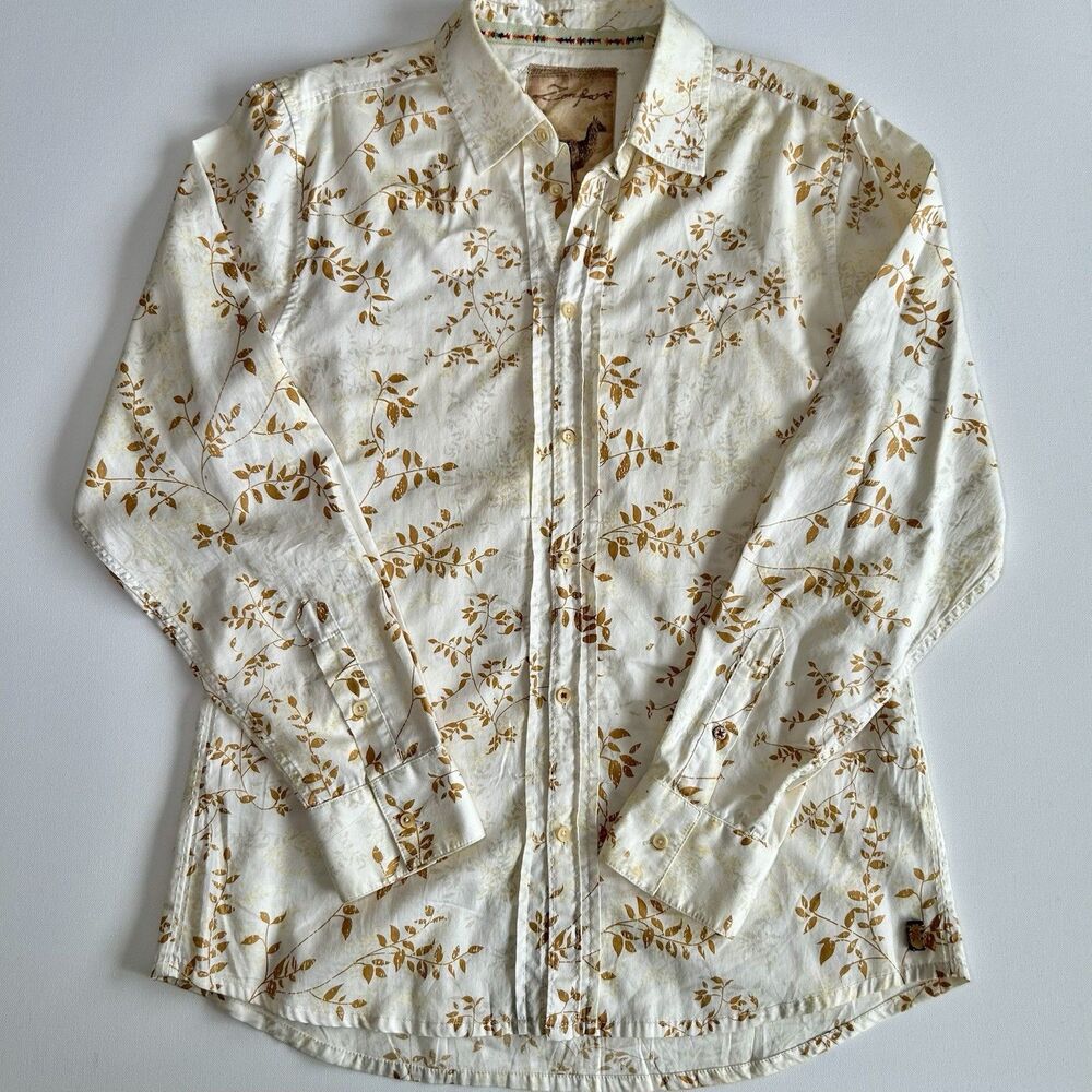 Zenfari Unique Cream Beige Cotton Leaf Print Button Up Shirt Mens Size L - Picture 2 of 13
